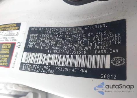 2011 Toyota Avalon Limited z USA, uszkodzony, nr VIN 4T1BK3DB1BU394518